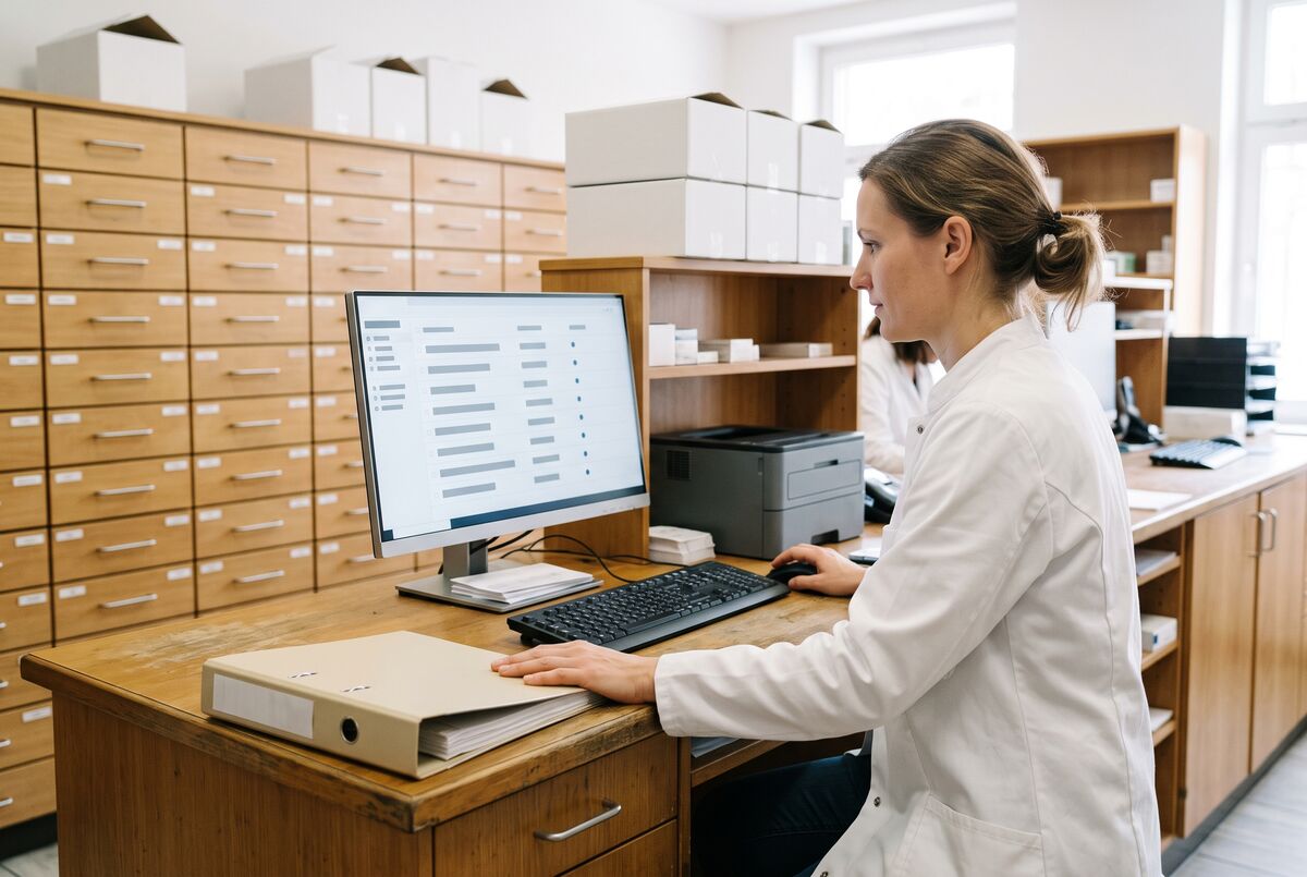 Apothekenbackoffice mit beiseitegelegtem Ordner und Dokumentenliste am Bildschirm