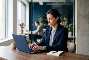 Mitarbeitender formuliert konzentriert einen Prompt am Laptop im Büro