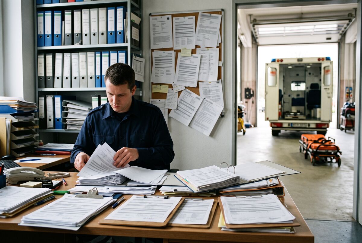 Büro einer Rettungswache mit Formularstapeln und Klemmbrettern, dahinter die Fahrzeughalle
