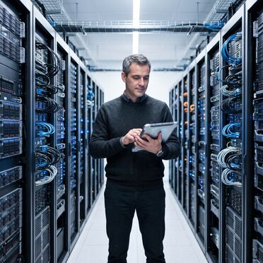 IT-Administrator mit Tablet im Gang eines Rechenzentrums mit Serverschränken