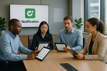 Benachrichtigung & Checklisten per KI in Office-Meeting Modernes Besprechungszimmer, Team prüft Checklisten auf Tablets, automatisierte Benachrichtigungen im Hintergrund, hochwertige Office-Einrichtung