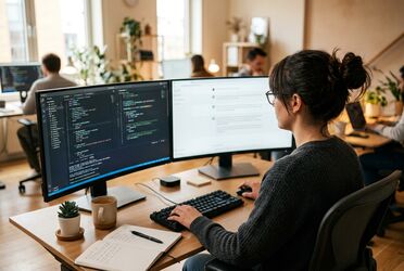 Entwickler am Arbeitsplatz mit Code und KI-Chat auf zwei Bildschirmen während eines Modelltests
