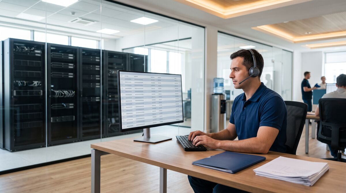 Servicedesk-Arbeitsplatz mit Ticketübersicht und daneben liegendem Papierordner
