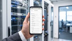 Smartphone zeigt die Auswahl der Übertragungsziele, von agorum core über Microsoft 365 bis Nextcloud, im Hintergrund ein Serverraum