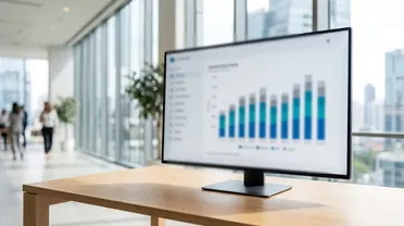 Großer Monitor mit gestapeltem Säulendiagramm zur KI-Nutzungs- und Kostenanalyse in einem hellen Büro