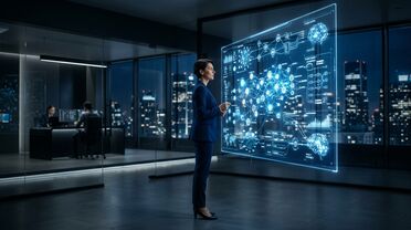 CEO analysiert KI-Plattform-Dashboard mit vernetzten Datenknoten und KI-Agenten-Workflows