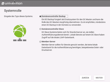 UCS Systemrolle Auswahl Bild zeigt die Auswahl der Systemrolle im Univention Corporate Server (UCS) mit Optionen wie Domänencontroller Backup, Slave und Member-Server.