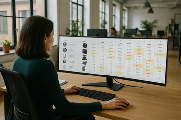 Preisvergleichsmonitor im E-Commerce-KI-Office E-Commerce-Managerin analysiert Preisvergleiche an ultrabreitem Monitor, offene Office-Atmosphäre, Tageslicht