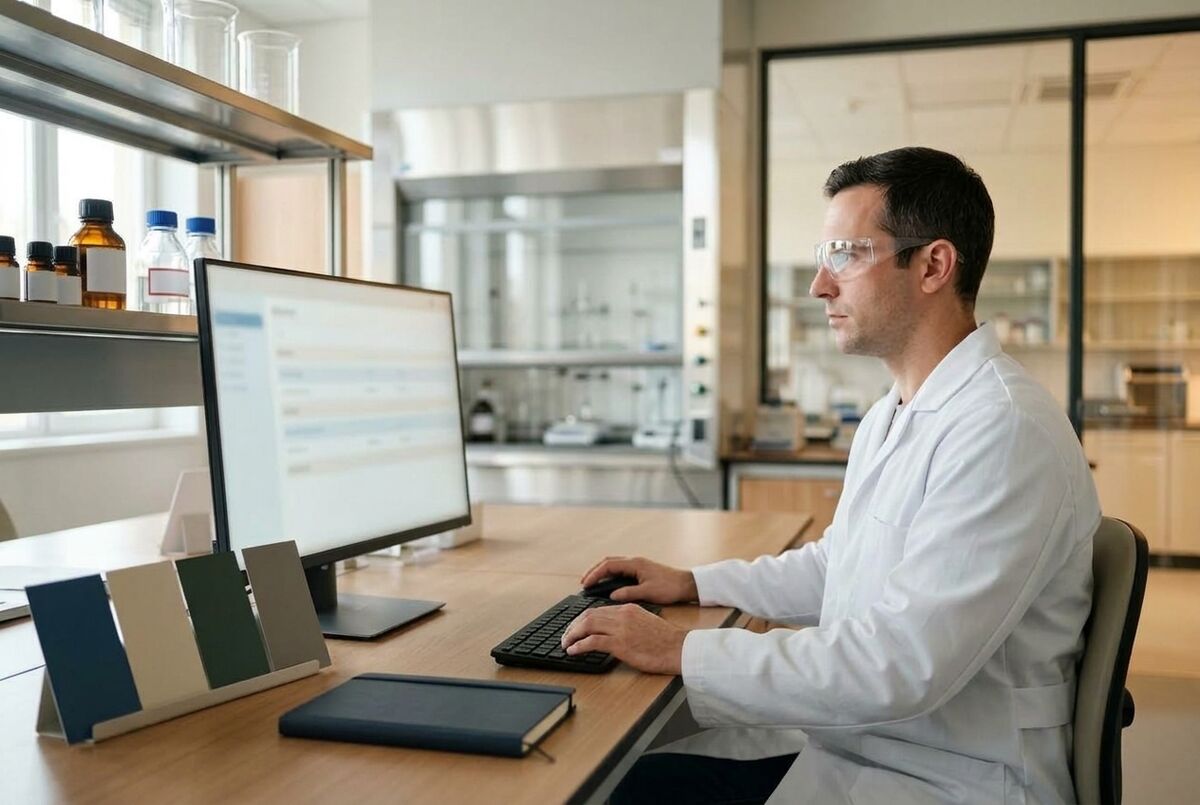 Chemiker mit Schutzbrille sitzt am aufgeräumten Laborarbeitsplatz vor einem großen Bildschirm