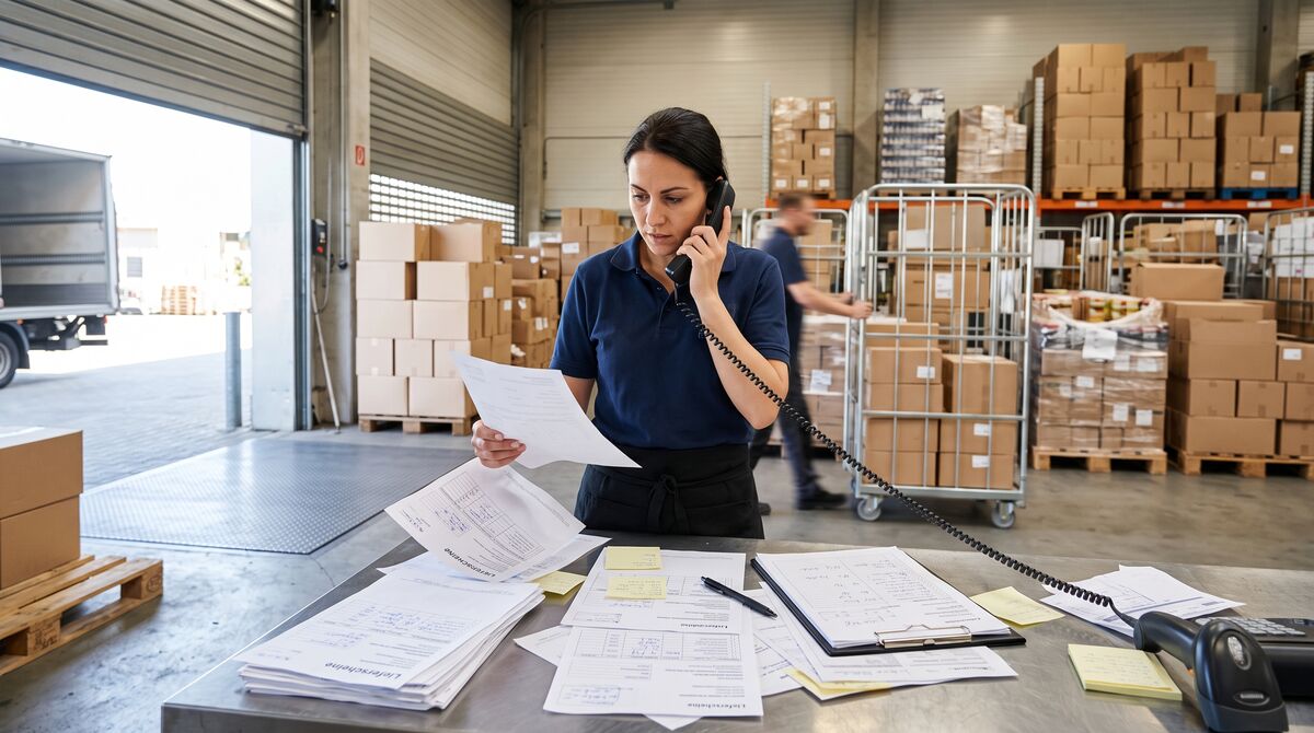 Mitarbeiterin am Wareneingang telefoniert, Lieferscheine liegen auf dem Packtisch