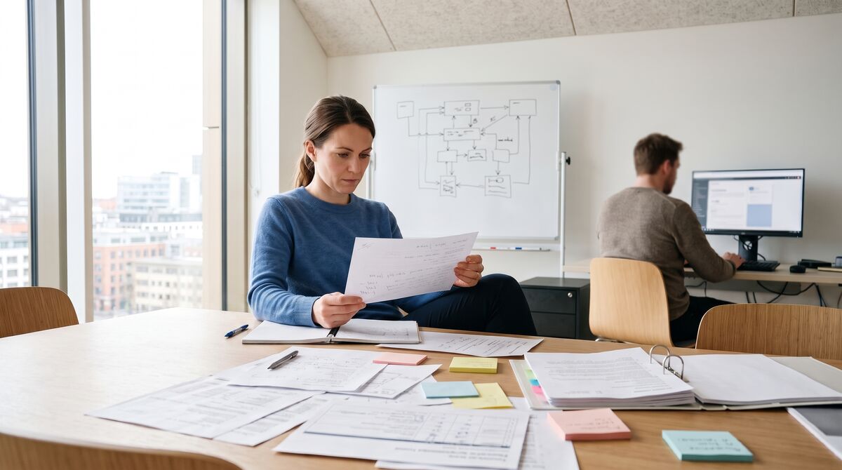 Projektraum einer IT-Abteilung mit Ausdrucken von Systemplänen auf dem Tisch