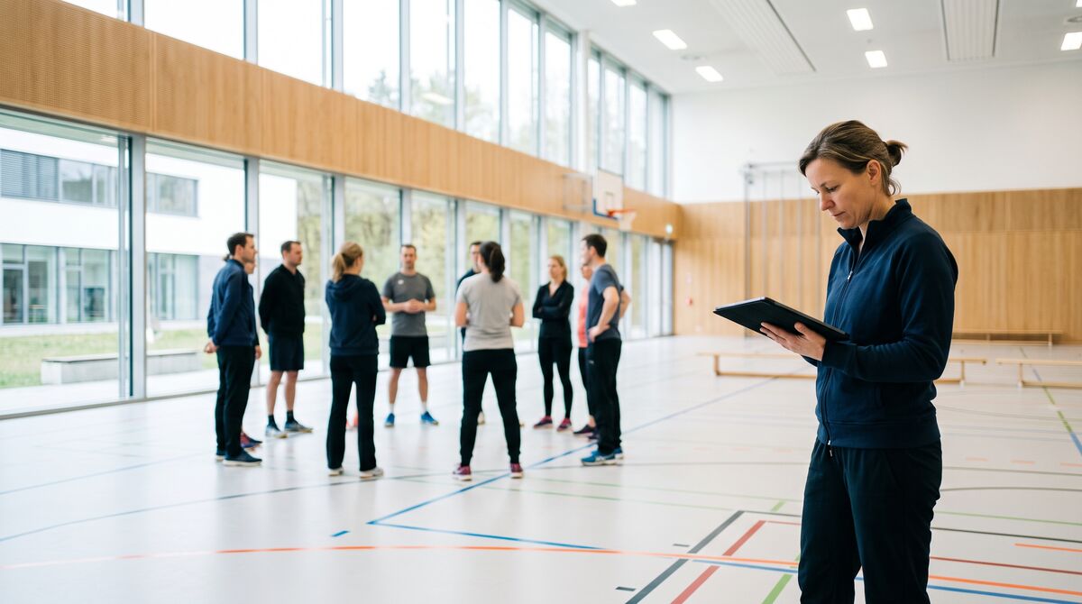 Trainerin mit Tablet in einer Sporthalle, Gruppe im Hintergrund