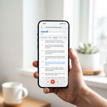 Smartphone zeigt die Mitschrift eines aufgezeichneten Gesprächs in ALBERT | AI Note