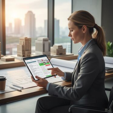 Architekt prüft digitale Bauvorschriften und Compliance