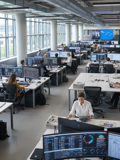 Modernes Zeitungsverlagshaus mit digitaler Redaktion