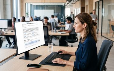 Frau am Schreibtisch sieht auf dem Bildschirm den fertigen Bericht aus einer Aufnahme, dahinter ein Büro mit vielen Arbeitsplätzen