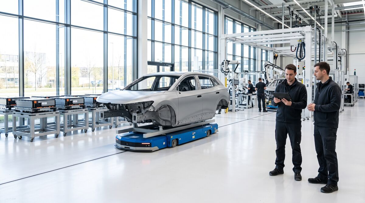 Ingenieure mit Tablet an der Endmontage für Elektrofahrzeuge