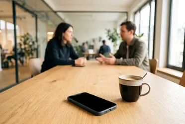 Smartphone mit dunklem Display auf einem Besprechungstisch, im Hintergrund zwei Personen im Gespräch