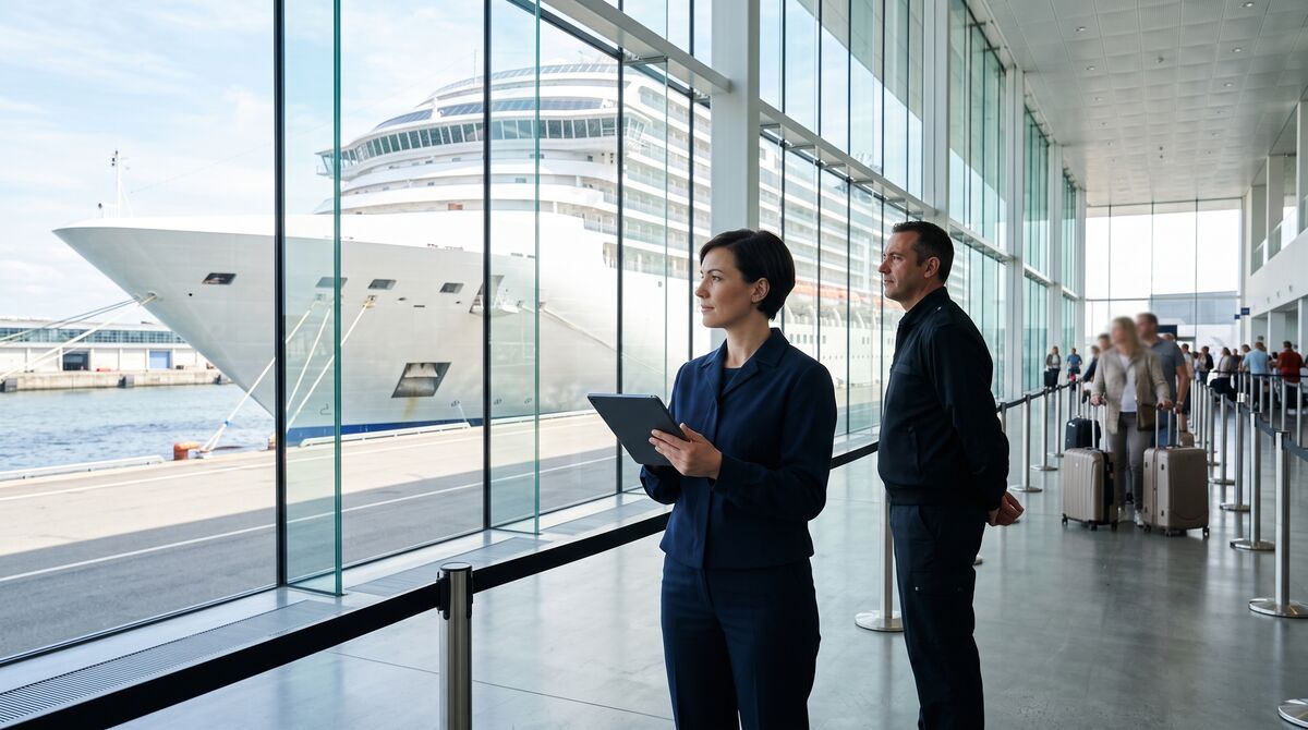 Terminalmitarbeiterin mit Tablet vor einem Kreuzfahrtschiff am Kai