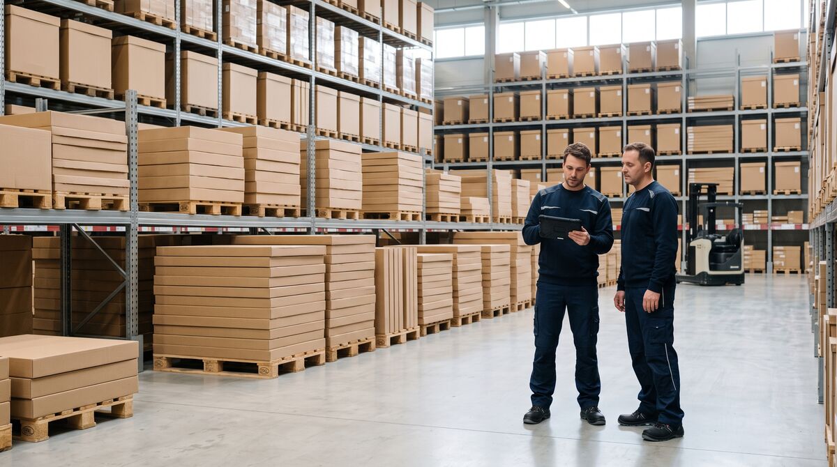 Zwei Logistikmitarbeiter mit Tablet im Zentrallager eines Händlers