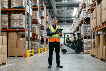 Lagerleiter prüft Bestände und Lieferdaten am Tablet mit der KI-Suchmaschine ALBERT | AI in der Logistik