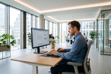 Mitarbeiter arbeitet im hellen Büro am Bildschirm mit einer Dokumentenübersicht