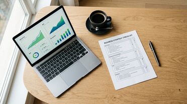 Strategische Checkliste und ROI-Analyse für den souveränen KI-Einsatz auf einem modernen Schreibtisch