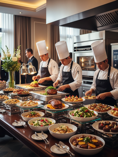 Professionelle Catering-Services mit elegantem Buffet und Köchen