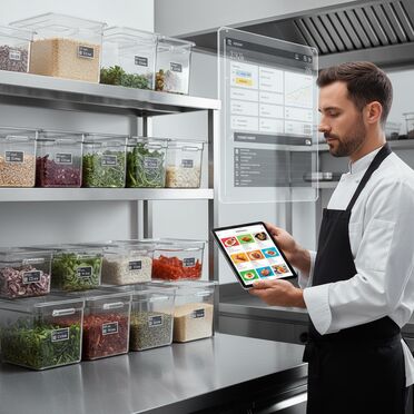 Chef nutzt Tablet für digitale Menüplanung in moderner Küche