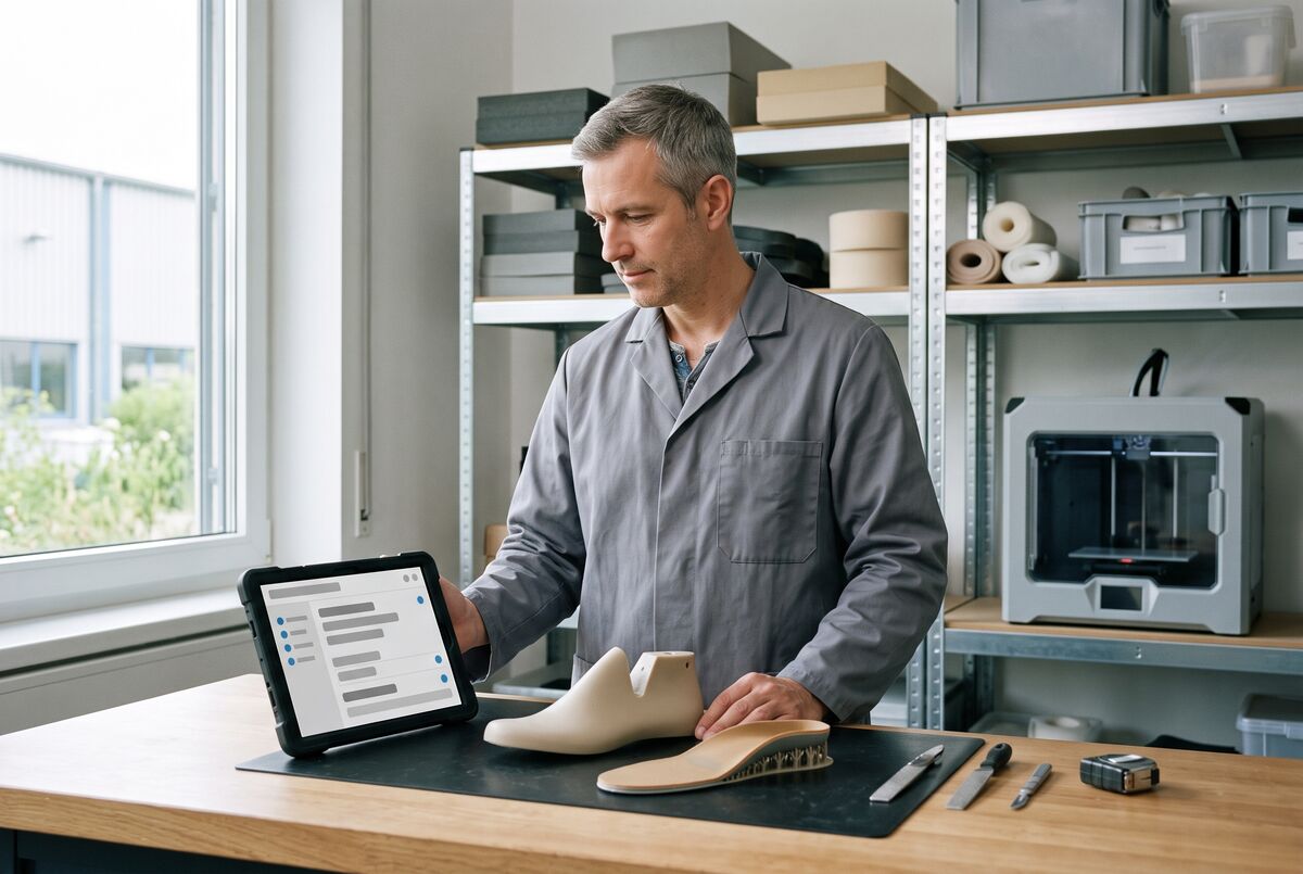 Orthopädietechniker mit Tablet an der Werkbank neben Leisten und Einlage