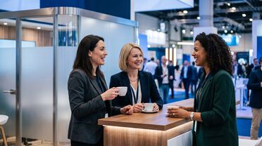 Gespräch am Messestand auf dem IONOS Summit 2026 – souveräne KI bei einem Kaffee besprechen