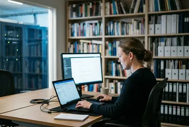 Administratorin richtet am Laptop Wissensbereiche für die KI-Wissensdatenbank ein, im Hintergrund ein Regal mit Ordnern