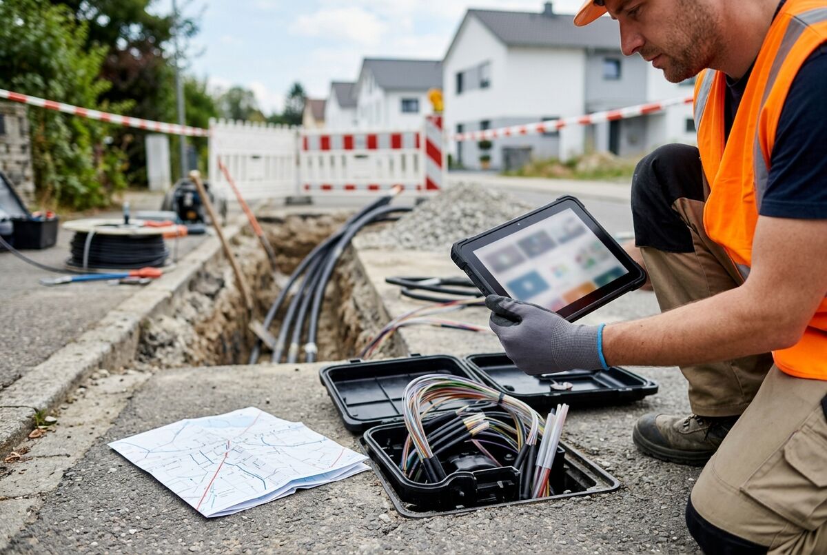 Techniker in Warnweste dokumentiert ein geöffnetes Glasfaser-Muffengehäuse mit einem Tablet