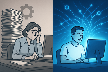 Vergleich klassische und KI-gestützte Automatisierung – Grafik Grafik: Unterschied klassische versus KI-gestützte Automatisierung, statische Abläufe und Papierberge links, vernetzte smarte Prozesse mit entspannter Atmosphäre rechts (keine Schrift im Bild)
