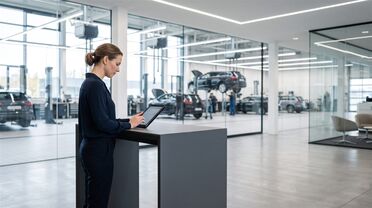 Serviceberaterin einer Kfz-Werkstatt arbeitet am Tablet in einer hellen Serviceannahme