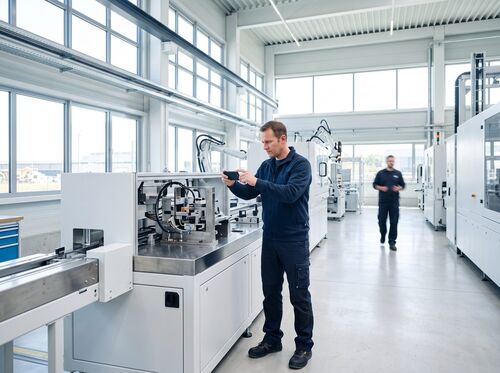 Person in Arbeitskleidung fotografiert mit dem Smartphone ein Detail an einer Anlage in einer hellen Fertigungshalle