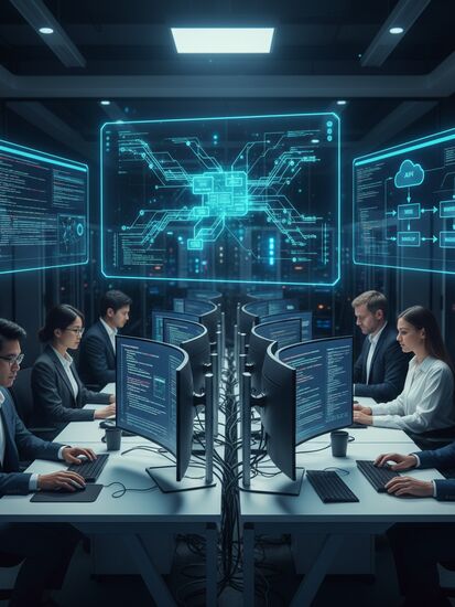 Modernes Entwicklerteam arbeitet an Cloud-Infrastruktur und Deployment-Prozessen