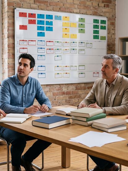 Vier Kolleginnen und Kollegen im Verlag besprechen die Programmplanung an einer Wandtafel