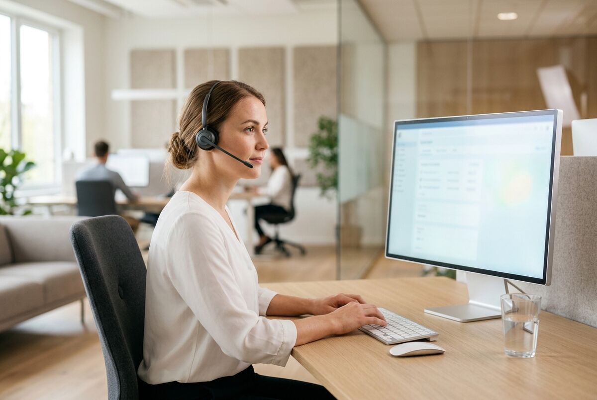 Mitarbeiterin mit Headset am aufgeräumten Arbeitsplatz im Servicecenter