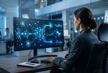 Fachkraft am Arbeitsplatz mit Datendashboard – agentische KI-Prozesse mit Open-Weight-Modellen in ALBERT | AI