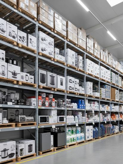 Modernes Lager für Haushaltswarengroßhandel mit organisierten Regalen