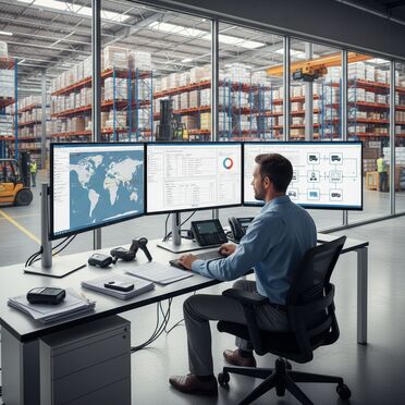 Logistikmanager arbeitet mit digitalem Versandsystem