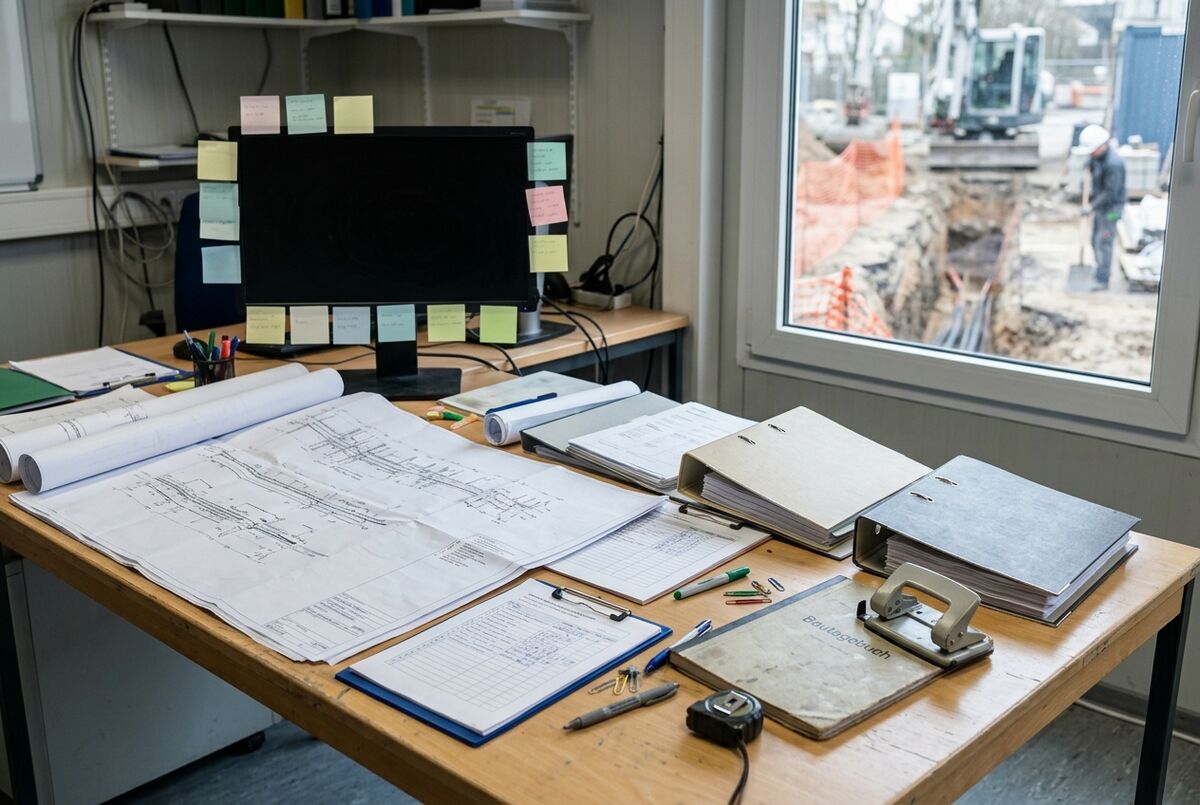 Baubüro eines Netzausbauprojekts mit ausgebreiteten Trassenplänen und Aktenordnern