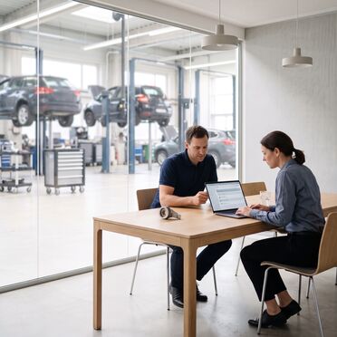 Zwei Personen am Laptop im Büro eines Automobilbetriebs, dahinter die Werkstatt