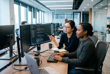 Zwei Entwickler optimieren im Code-Review den Developer-Studio-Prompt für effiziente Abläufe mit Opus 5