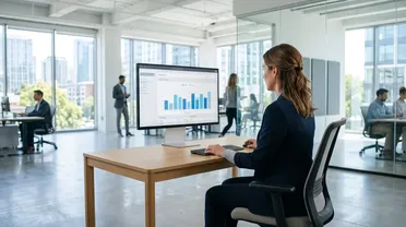 Mitarbeitende im hellen Büro am Monitor mit einer Kostenübersicht als Säulendiagramm zur KI-Nutzung