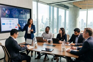 Team erarbeitet KI-Use-Cases und Automatisierungsstrategien in einem modernen Meetingraum