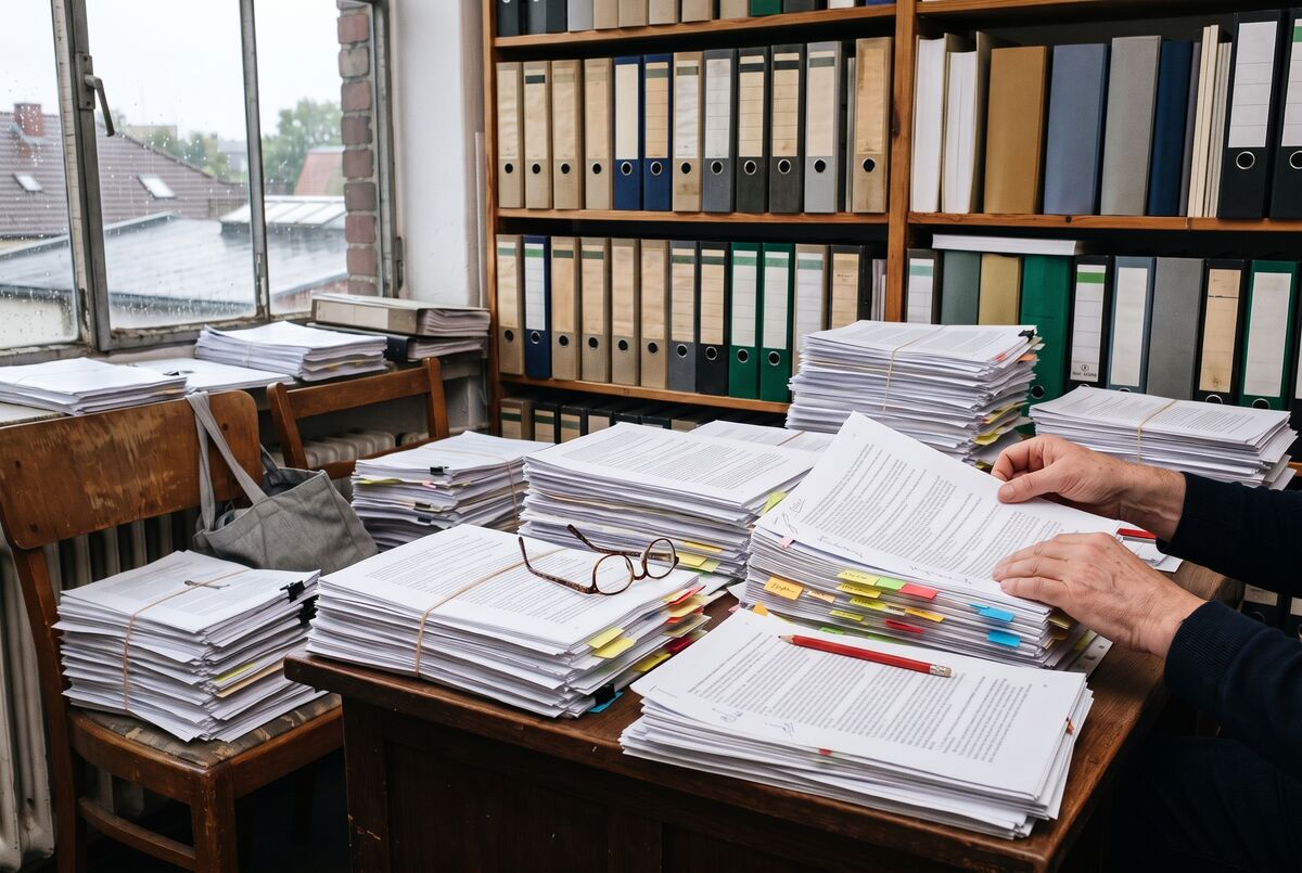 Manuskriptstapel mit Korrekturmarken und Klebemarken auf einem Lektoratstisch