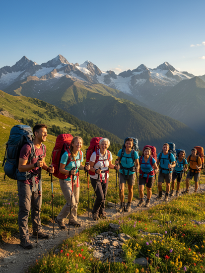 Wandergruppe in alpiner Berglandschaft