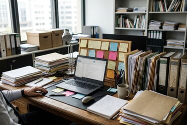 Schreibtisch mit Papierdokumenten, E-Mails und Notizen als Sinnbild für verstreutes Unternehmenswissen